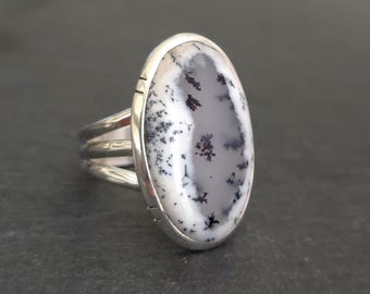 Large Oval Dendritic Opal Ring, 925 Sterling Silver, US 8 3/4 UK R, Stone Size 2.6cm x 1.6cm, Natural Merlinite Jewellery, Mistry Gems, R134
