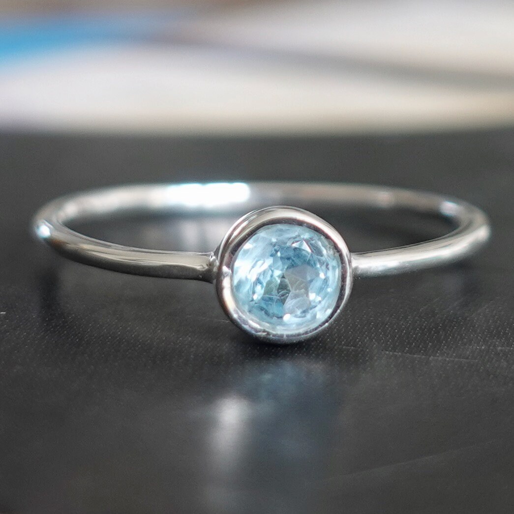 Dainty Blue Topaz Ring, Facetted Round Stacking Ring, 925 Silver ...