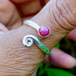 Boho Adjustable Ruby Ring, 925 Sterling Silver Wrap Ring, Swirl Silver Thumb Ring, 15th Anniversary, July Birthstone, Mistry Gems, R61R