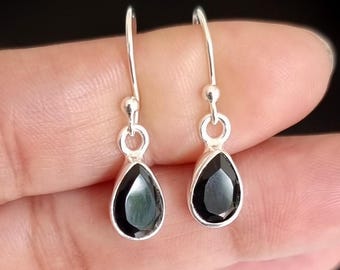 May include: A pair of silver dangle earrings with black teardrop-shaped gemstones.