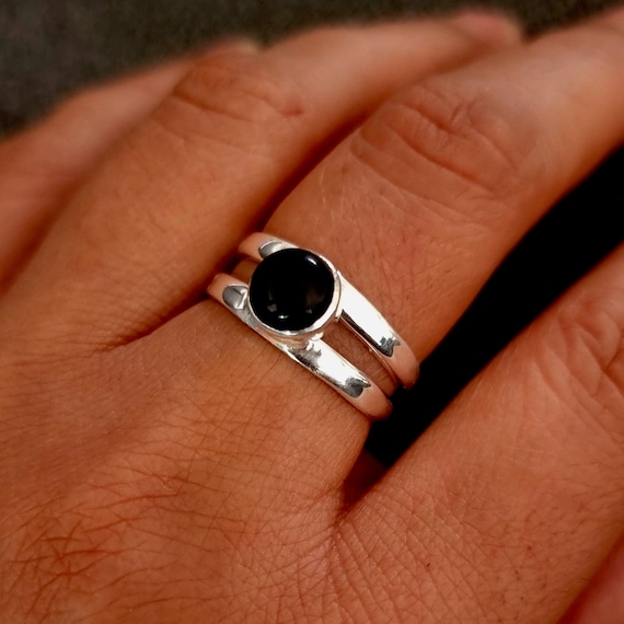 Round Black Onyx Ring 925 Sterling Silver Ring Stacking Ring
