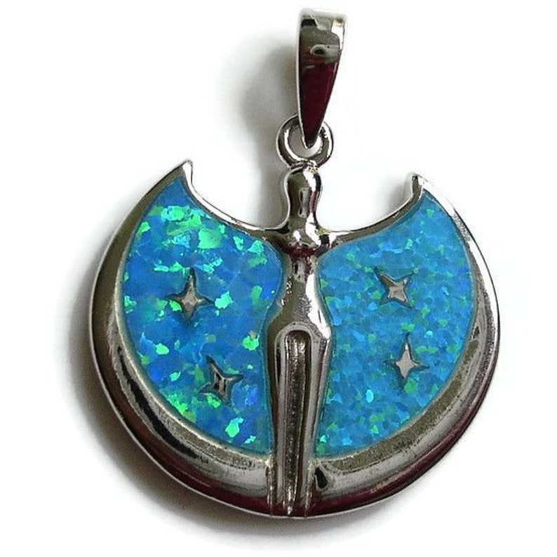 925 Sterling Silver Necklace Goddess Blue Opal Pendant October Birthstone Jewelry Lab Created Mistry Gems Statement Jewellery P2209