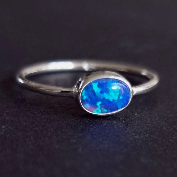 Dainty Blue Opal Ring, Horizontal Oval Stacking Ring, 925 Sterling Silver, October Birthstone, 14th Anniversary Gift, Mistry Gems, R151BOP