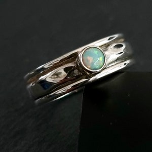 Narrow Band Sterling Silver White Opal Ring, This Ring DOESN'T Spin Freely, Size US 8 1/2 UK Q1/2, Gemstone Thumb Ring,Mistry Gems,SP46SWOPF