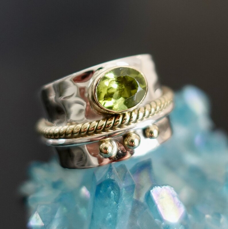 Facetted Peridot Ring, Wide BRASS/SILVER Band, Wedding Ring, August Birthstone, Peridot Jewelry, Green Gemstone, Boho Rings,Mistry Gems,R16P image 4