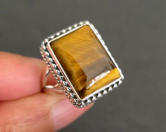 Unisex Sterling Silber Tigerauge Ring, Boho Edelstein Schmuck, Ringgröße 16 mm L1/2 - M, Mistry Gems, R130