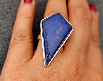 Lapis Lazuli Ring, Triangle Coffin 36mm x 21mm, 925 Silver, Adjustable US 7.5 UK O1/2, Statement Ring, September Birthstone,Mistry Gems,R177