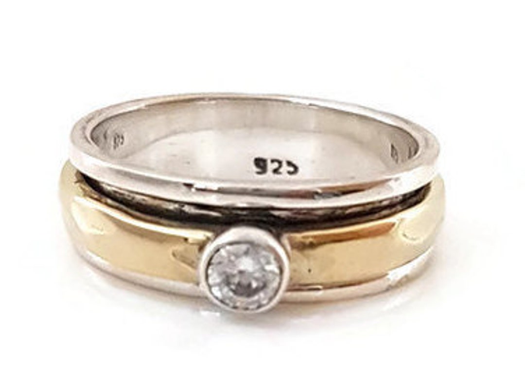 Gold Silver Cubic Zirconia Wide Band Ring, This Ring DOESNT Spin, 925 ...
