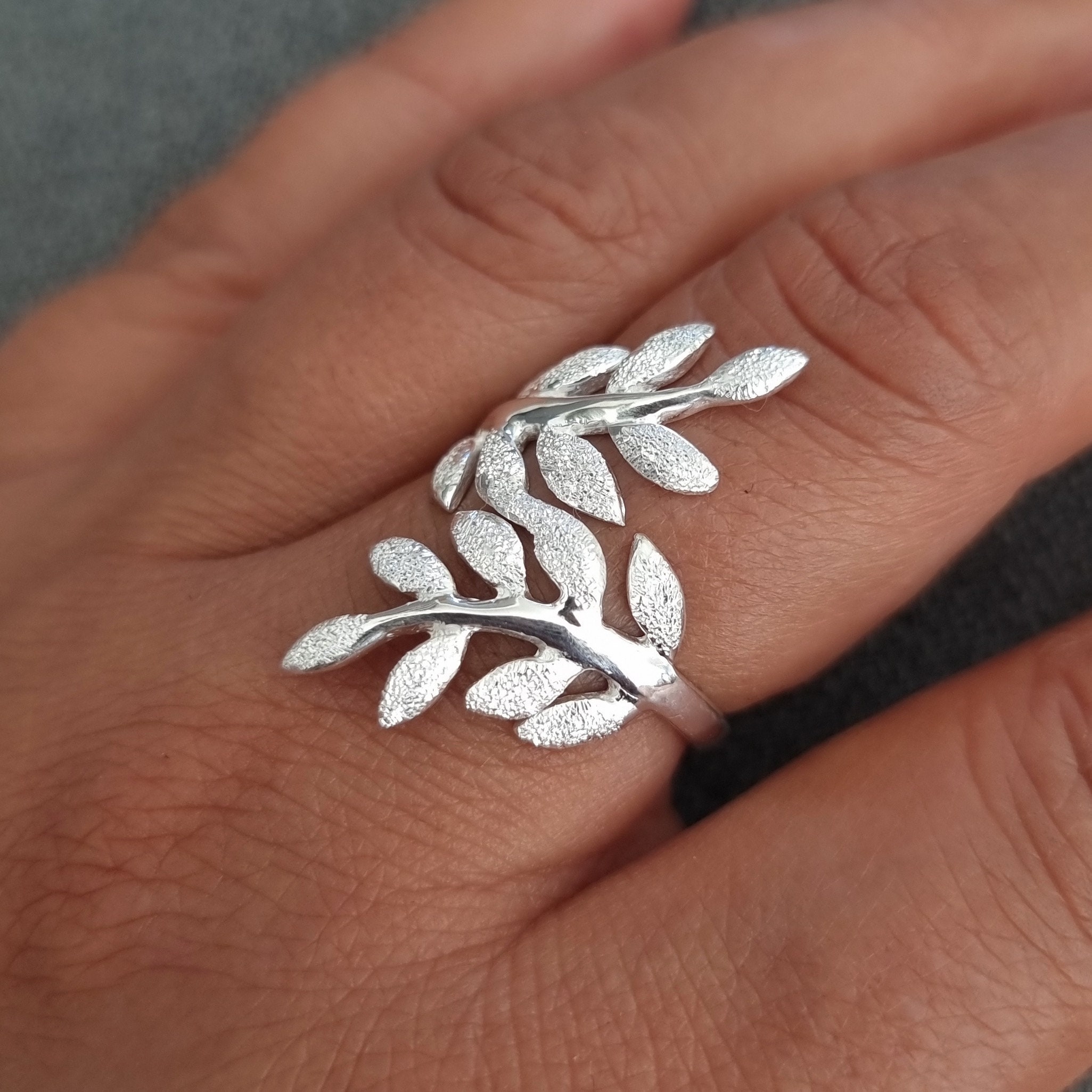 Designer Brushed Sterling Silver Leaf Ring, 25th Anniversary