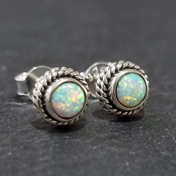 Boho Small Round White Opal Studs Earrings, 925 Sterling Silver
