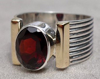 Designer Garnet Ring, Brass / Oxidised Silver Ring Women, Red Gemstone, January Birthstone, Engagement Ring, Mistry Gems, R186G