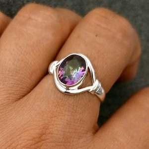 Small Oval Mystic Topaz Ring, 925 Sterling Silver, November Birthstone, Rainbow Gemstone Jewellery, Engagement Ring, Mistry Gems, R13MT