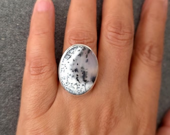 Large Oval Dendritic Opal Ring, 925 Sterling Silver, US 7 1/2 UK O 1/2, Stone 2.6cm x 1.8cm, Natural Merlinite Jewellery, Mistry Gems, R132