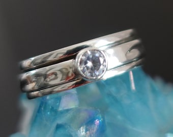 Cubic Zirconia Silver Spinner Ring, Narrow 925 Silver Spinning Ring, Engagement Ring, April Birthstone, Meditation Ring, Mistry Gems,SP46SCZ