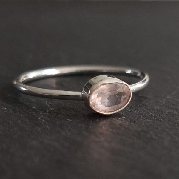 Dainty Rose Quartz Stacking Ring, Facetted Horizontal Oval 925 Sterling Silver Ring, Pale Pink Gemstone, Engagement Ring, Mistry Gems,R151RQ