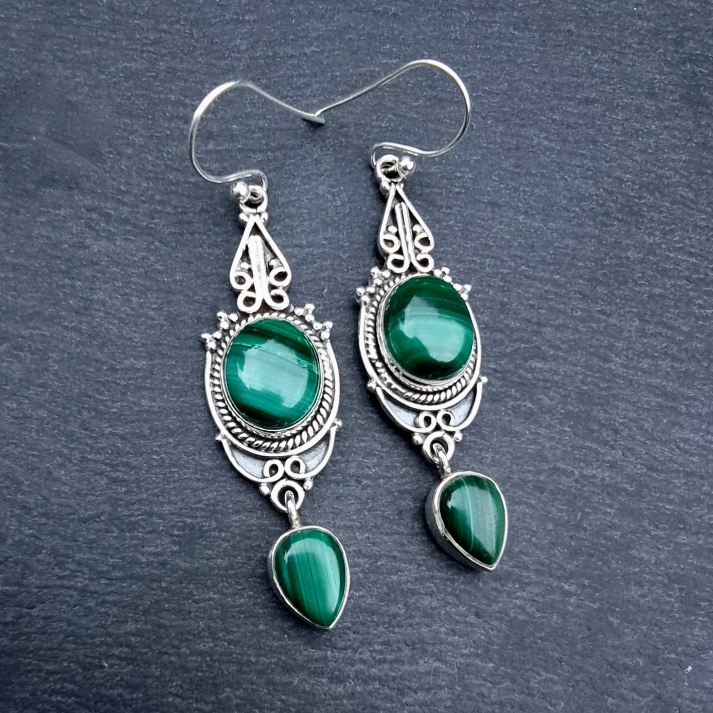 Boho Long Malachite Sterling Silver Earrings, Stripey Dark