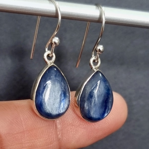 Blue Kyanite Earrings, Teardrop 14mm x 10mm 925 Silver Earrings, Denim Blue Gemstone, Wedding Jewellery, Himalayan Gemstone,Mistry Gems,E11K