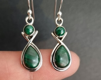 Malachite Earrings, 925 Sterling Silver Earrings, Stripey Dark Green Gemstone, Dangly Earrings, Statement Jewellery, Mistry Gems, E1MAL