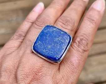 Large Square Lapis Lazuli Ring, 925 Sterling Silver, Adjustable US 9 1/4 UK S, Stone 2.5cm x 2.5cm, 9th Anniversary Gift, Mistry Gems, R217