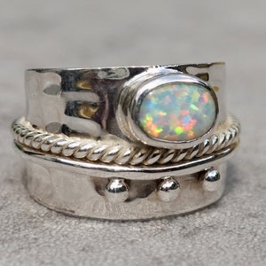 Wide Band White Opal Ring, 925 Sterling Silver, Size UK G & J, Lab Created Opal, October Birthstone, 14th Anniversary, Mistry Gems, R16SWOP