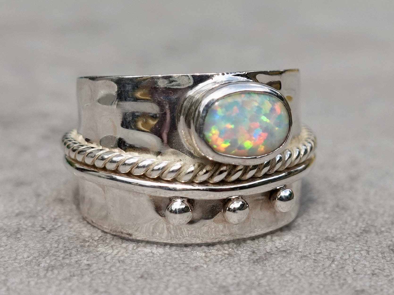 White Opal Ring, Wide ALL SILVER Band, October Birthstone