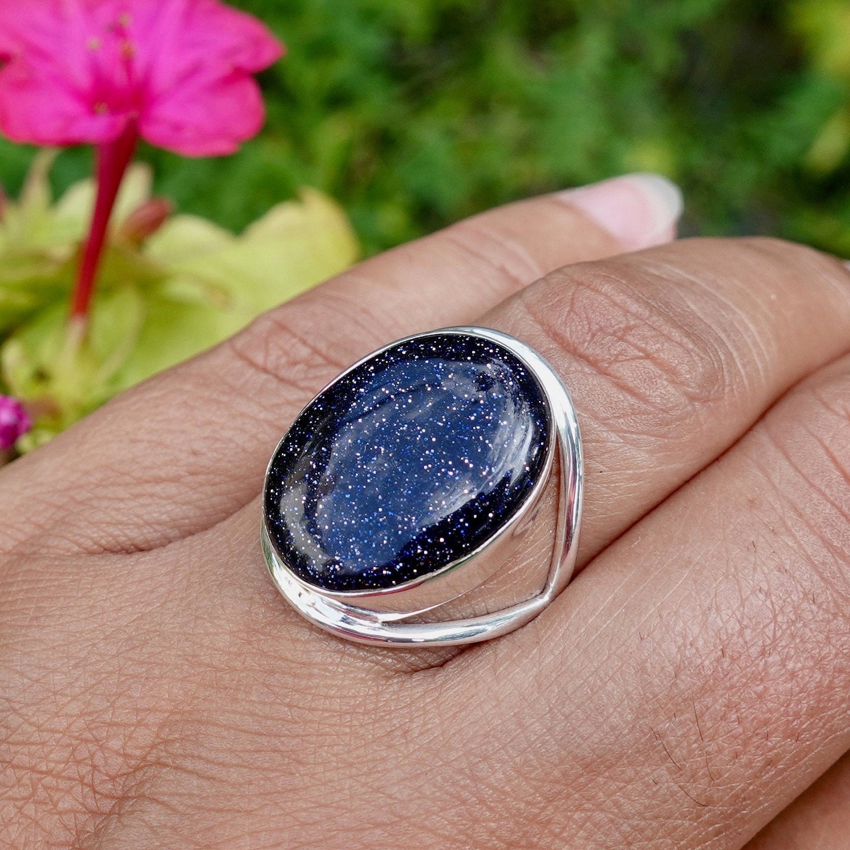 Large Oval Blue Goldstone Ring, 20mm X 15mm 925 Sterling Silver
