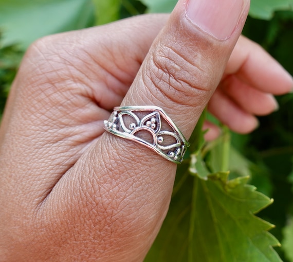 Boho Silver Filigree Crown Ring, Oxidised 925 Sterling Silver