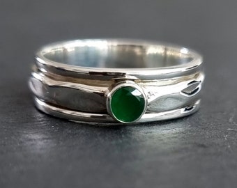 Emerald All Silver Spinner Ring, May Birthstone, Green Gemstone Spinning Ring, Thumb Rings Women, Meditation Ring, Mistry Gems,SP46SEM