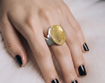 Chunky Oval Golden Rutile Quartz Ring, Wide Band 925 Sterling Silver Ring, Sizes N, O & Q, Stone Size 2.0cm x 1.5cm, Mistry Gems, R200