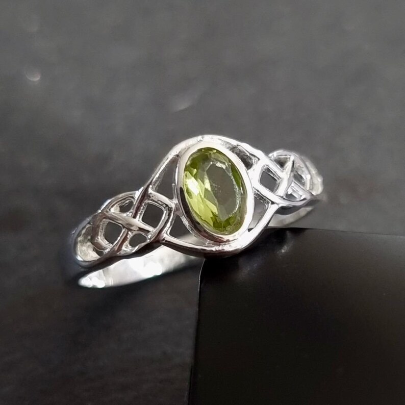 Unisex Sterling Silver Celtic Knot Peridot Ring, August Birthstone Gift, Celtic Weave Pagan Ring, Boho Green Gemstone Ring, R33P image 3