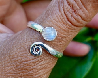 Rainbow Moonstone 925 Silver Adjustable Ring, Snake Ring, Wrap Ring, Thumb Ring, Spiral Ring, June Birthstone, Mistry Gems, R61M