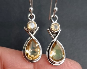 Citrine Earrings, Two Stone 925 Silver Drop Earrings, Yellow Gemstone, November Birthstone, 13th Anniversary, Boho, Mistry Gems, E1CIT