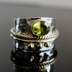 Facetted Peridot Ring, Wide BRASS/SILVER Band, Wedding Ring, August Birthstone, Peridot Jewelry, Green Gemstone, Boho Rings,Mistry Gems,R16P image 1