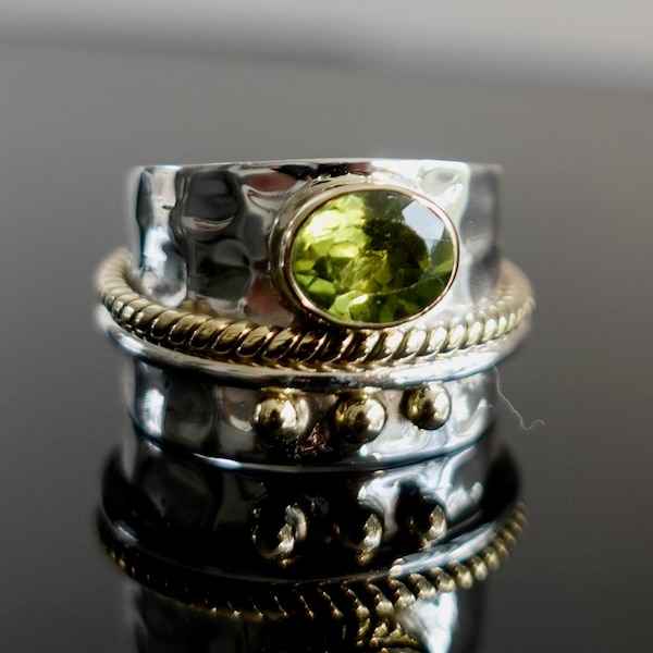 Facetted Peridot Ring, Wide BRASS/SILVER Band, Wedding Ring, August Birthstone, Peridot Jewelry, Green Gemstone, Boho Rings,Mistry Gems,R16P