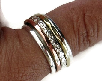 Unisex Multi Metal Spinner Ring, 925 Sterling Silver Brass Copper, Meditation Ring, Stress Ring, 9.5mm Wide Thumb Ring, Mistry Gems, SP50