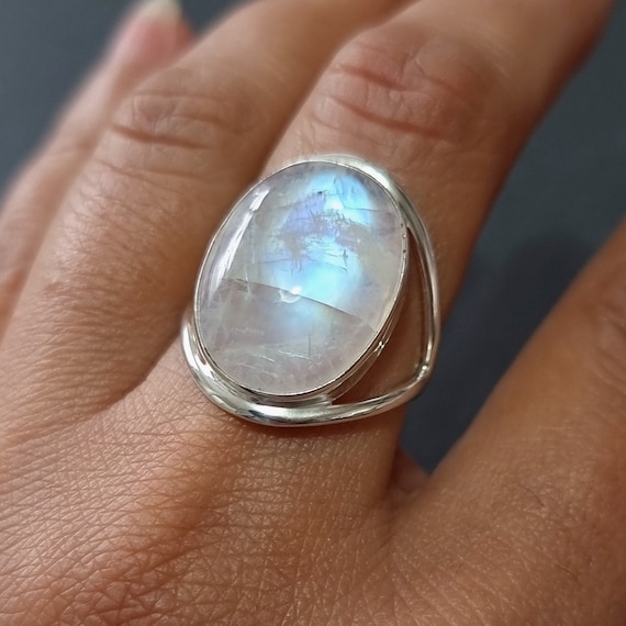 Sterling Silver Large Oval Rainbow Moonstone Ring Sterling Silver Large Oval Rainbow Moonstone Ring