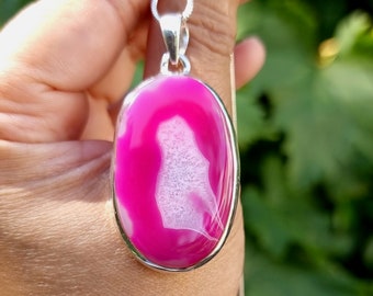 LARGE Hot Pink Agate Druzy Pendant, 925 Sterling Silver, Oval Stone Size 38mm x 24mm, Bright Wedding Jewellery Idea, Mistry Gems, PAGP19