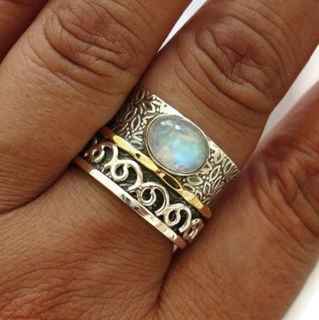 Wide Band Moonstone Ring, Gemstone Spinner Ring, Size US 5 1/4 UK J 1/2 ...