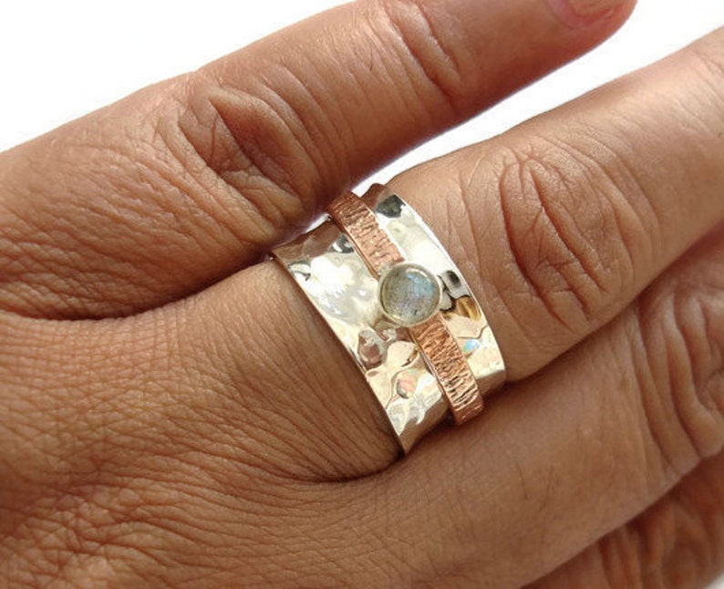 Gemstone Wedding Band Two Tone Fidget Ring Unusual Gemstone Spinner Ring SP76CLAB Labradorite Spinner Ring SilverCopper Mistry Gems