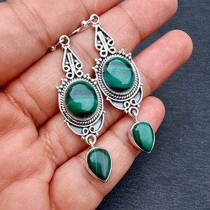 Boho Long Malachite Sterling Silver Earrings, Stripey Dark Green Gemstone, Statement Hippy Jewellery, Mistry Gems, E38MAL