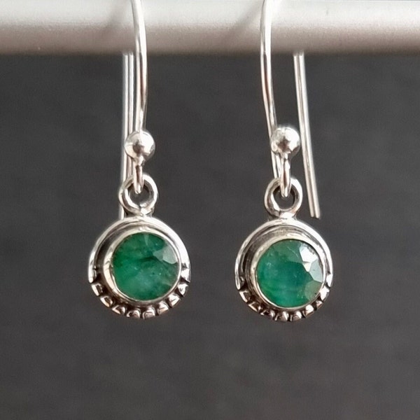 Small Round Boho Emerald Earrings, 925 Sterling Silver Dangly Earrings, Stone Size 5mm & 6mm, May Birthstone Gifts for Mum,Mistry Gems,E86EM