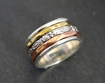 Unisex Multi Metal Spinner Ring, 925 Sterling Silver Brass Copper, Meditation Ring, Stress Ring, 9.5mm Wide Thumb Ring, Mistry Gems, SP50