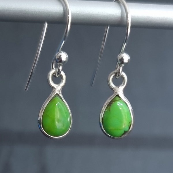 Green Copper Turquoise Earrings, Tiny Bezel Teardrop 925 Sterling Silver Earrings, Green Gemstone, Mohave Turquoise, Mistry Gems, E3GCT