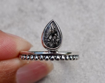 Black Rutile Quartz Ring, Crown Ring, tourmalinated, Silver Ring Women, Boho Ring, Black Gemstone, Midi Ring, Thumb Ring,Mistry Gems, R184TQ