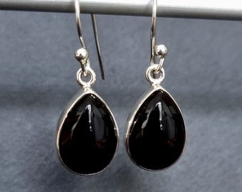 Black Onyx Earrings, Teardrop 14mm x 10mm 925 Silver Earrings, Black Gemstone, Birthstone Jewellery, Dangly Earrings, Mistry Gems, E11O