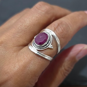 Unisex Boho Oval Ruby Ring, 925 Sterling Silver, Sizes UK J, K, P, July Birthstone, 15th & 40th Anniversary Gift for Her, Mistry Gems, R29R