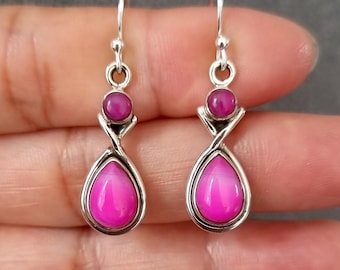 Elegant HOT Pink Agate Earrings, Two Stone Teardrop 925 Sterling Silver Dangle Earrings, Bright Fuchsia Pink Gemstone, Mistry Gems, E1PAG