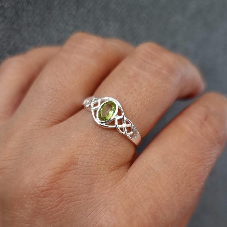 Unisex Sterling Silver Celtic Knot Peridot Ring, August Birthstone Gift, Celtic Weave Pagan Ring, Boho Green Gemstone Ring, R33P image 7