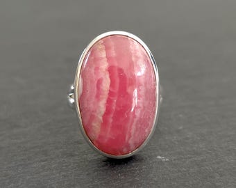 Large Oval Rhodochrosite Ring, 925 Sterling Silver, Ring Size US 5 3/4 UK K1/2 - L, Stone Size 2.0cm x 1.4cm, Mistry Gems, R141
