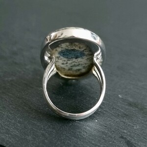 May include: A silver ring featuring a polished, oval-shaped stone with a speckled gray and white pattern and a prominent dark blue, elongated inclusion in the center. The band is constructed from three thin, parallel silver wires.